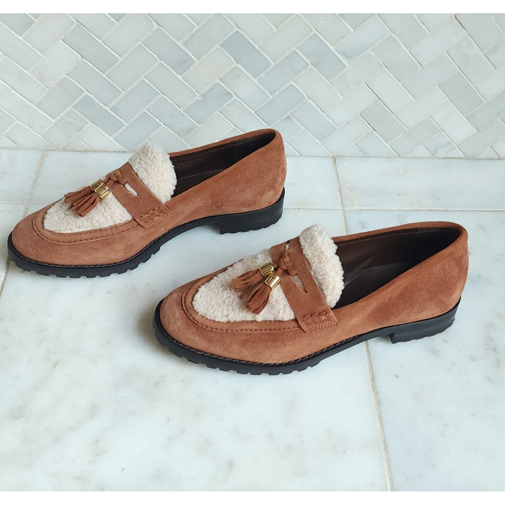 Talbots Cassidy Leather Suede Sherpa Loafer Shoes Womens 7M Brown Preppy Tassels